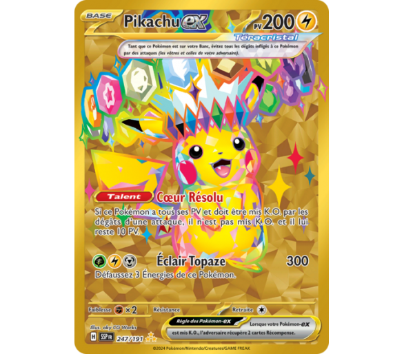 Pikachu-EX Pv 200 247/191 - PCA 9,5 - Carte Gold Full Art Secrète - Étincelles Déferlantes