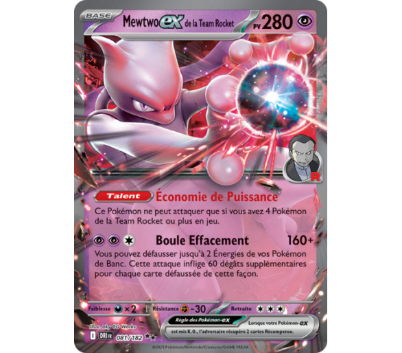 Mewtwo-ex de la Team Rocket Pv 280 81/182 – Carte Pokémon‑ex Double Rare – Écarlate et Violet Rivalités Destinées