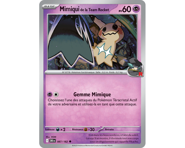 Mimiqui de la Team Rocket Pv 60 87/182 - Carte Peu Commune - Écarlate et Violet Rivalités Destinées Mimiqui de la Team Rocket Pv 60 87/182 - Carte Peu Commune - Écarlate et Violet Rivalités Destinées