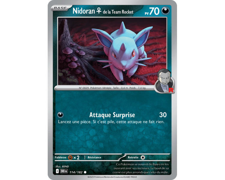 Nidoran♀ de la Team Rocket Pv 70 114/182 – Carte Commune – Écarlate et Violet Rivalités Destinées Nidoran♀ de la Team Rocket Pv 70 114/182 – Carte Commune – Écarlate et Violet Rivalités Destinées