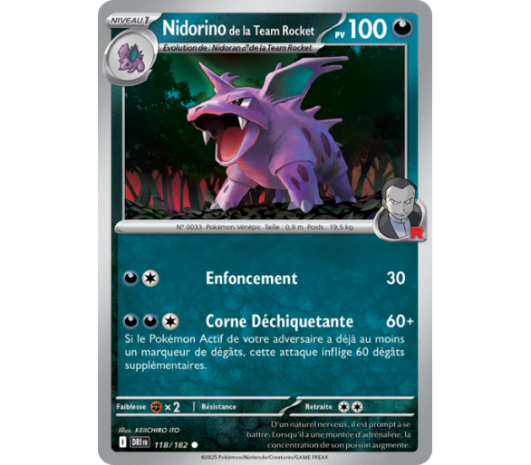 Nidorino de la Team Rocket Pv 100 118/182 – Carte Commune Reverse – Écarlate et Violet Rivalités Destinées