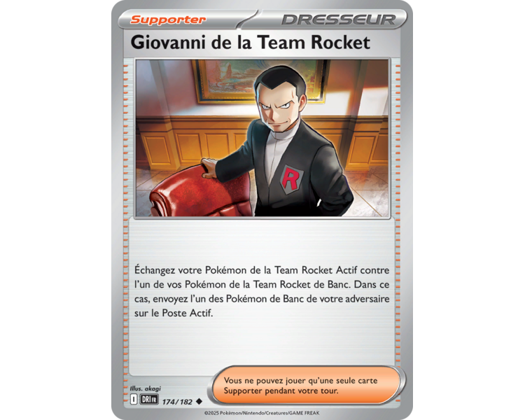 Dresseur Giovanni de la Team Rocket 174/182 – Carte Peu Commune – Écarlate et Violet Rivalités Destinées Dresseur Giovanni de la Team Rocket 174/182 – Carte Peu Commune – Écarlate et Violet Rivalités Destinées
