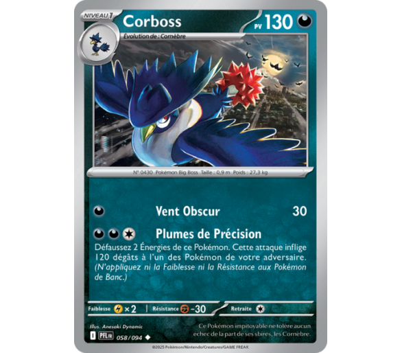 Corboss Pv 130 058/094 - Carte Peu Commune Reverse - Méga-Évolution Flammes Fantasmagoriques