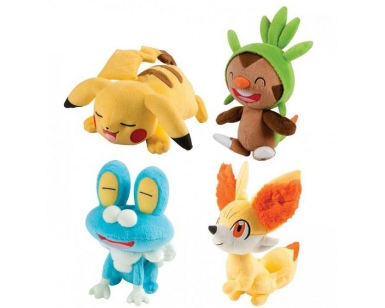 Lot de 4 peluches pokémon XY 25 cm : Pikachu + Marisson + Grenousse + Feunnec