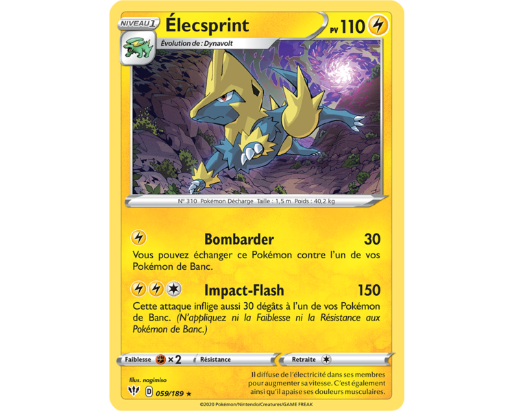 Carte Pokémon Rare Et Reverse Elecsprint 59/189 Ténèbres Embrasées EB3 Vf Neuve