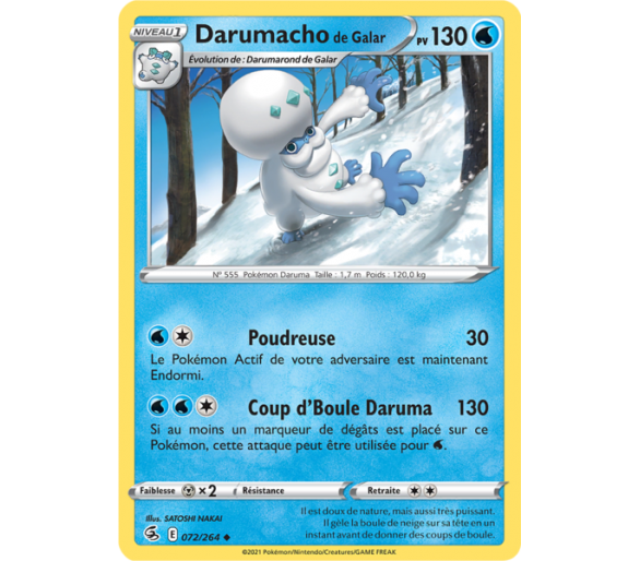 Darumacho de Galar Pv 130 072/264 - Carte Peu Commune - Épée et Bouclier - Poing de Fusion