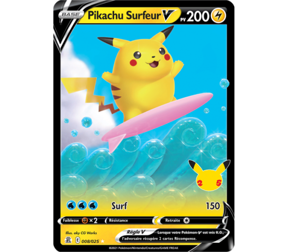 Pikachu Surfeur-V Pv 200 008/025 - Carte Ultra Rare Full Art - Épée et Bouclier - Célébrations 25 ans
